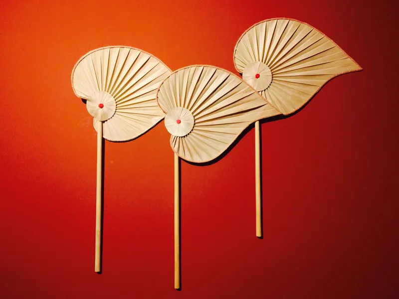 Éventails montures bambou et bois présentées sur fond coloré, gamme professionnelle